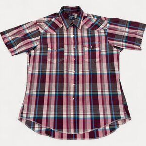Wrangler Pink  Red Pink Plaid Snap Button Vintage Western Cowboy Shirt Men's XL